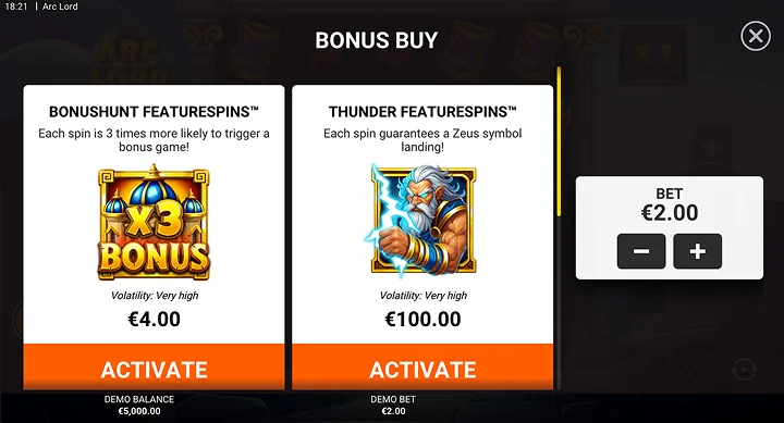 Bonusarna BonusHunt FeatureSpins och Thunder FeatureSpins i Arc Lord
